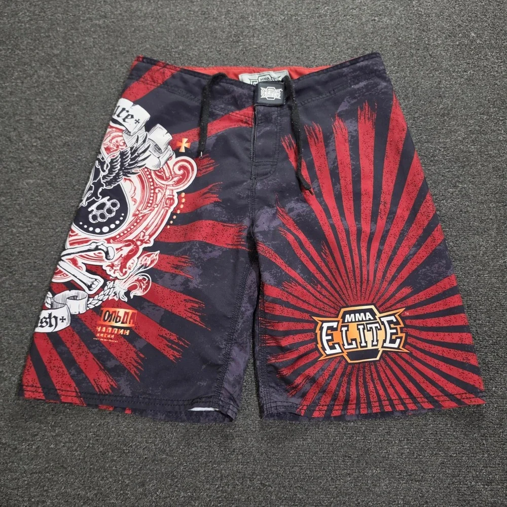 Vintage MMA Elite Board Shorts Mens 34 Red Black Sunburst Y2K Combat Training